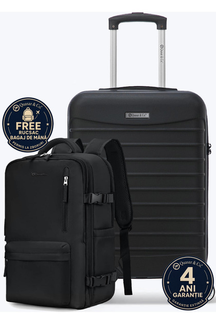 Set troler cabina si rucsac,55x38x21cm/43x30x20cm,bagaj de mana, troller avion,Priority Pack,negru