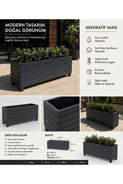 Dekoratif Ahşap Saksı Çam Lambri Antrasit 100x30x50 cm Sabit Ayaklı Yapay Çiçek Saksısı