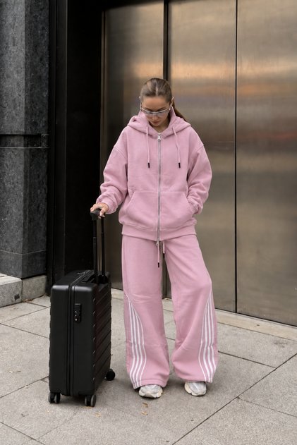 Damen Oversize-Trainingsanzug-Set in Rosa – Kapuzenjacke mit Reißverschluss, Streifendetails, Schnürung an der Taille, weite Beine