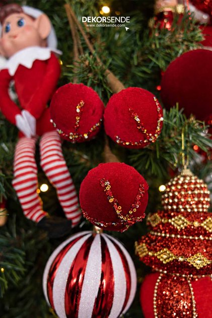 Christmas Ornament Velvet Branch 3-Piece Ball Claret Red 70 cm