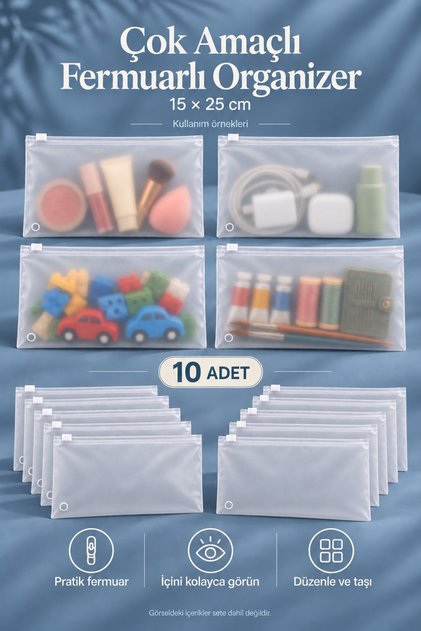 Valiz Dolap Içi Düzenleyici Organizer Buzlu Fermuarlı Poşet Zipper Torba 10 Adet 15 Cm X 25 Cm