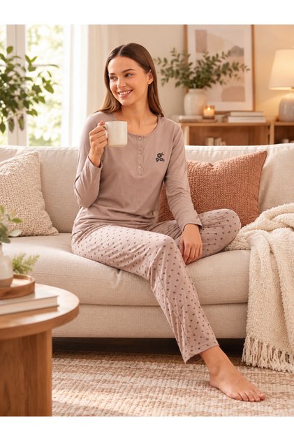 Women's Viscose Pajama Set Long Sleeve Patched Collar Patterned Trousers Modern Homewear Home Clothing 79-156