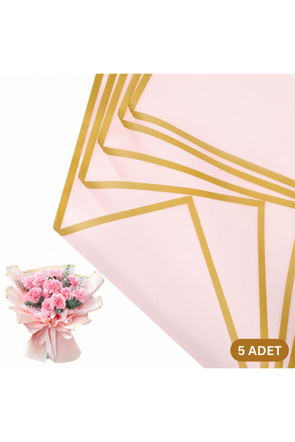 Çiçek Buket Kağıdı - Çiçek Ambalaj Kağıdı - Pembe - Altın Kenarlı - Mat OPP 58x58 cm - 5 Adet