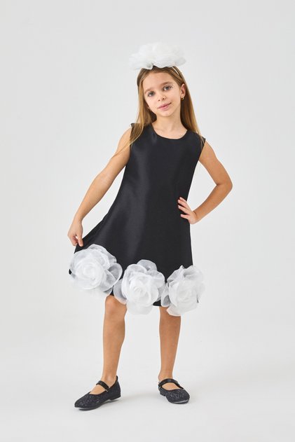 Black Skirt with Rose Detail at the Hem, Sleeveless Girls' Dress - Paola