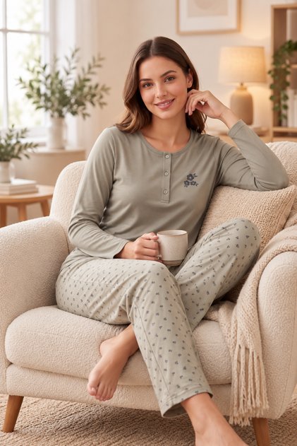 Women's Viscose Pajama Set Long Sleeve Patched Collar Patterned Trousers Modern Homewear Home Clothing 79-156