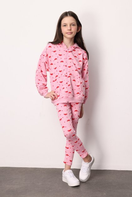 Pink Patterned Hooded Long Sleeve Girls' Tracksuit Set - Nell