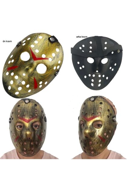 Halloween Jason Voorhees Hockey Hokey Maskesi Yetişkin Eskitme Altın Renk 1 Adet