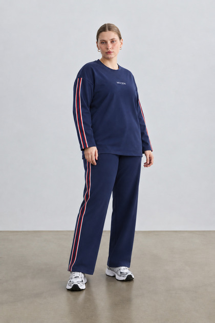 Women's Plus Size Striped Detail Long Sleeve Osho Style Modal Fabric Set M-6XL