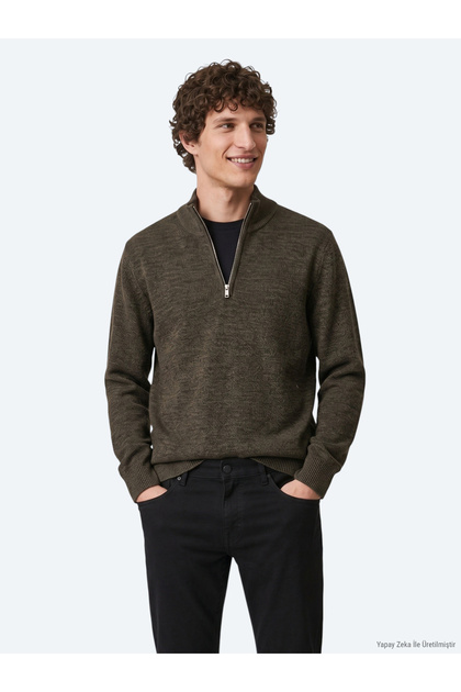 Oil Green Organic Bato Collar Striped Cotton Blend Knit Sweater