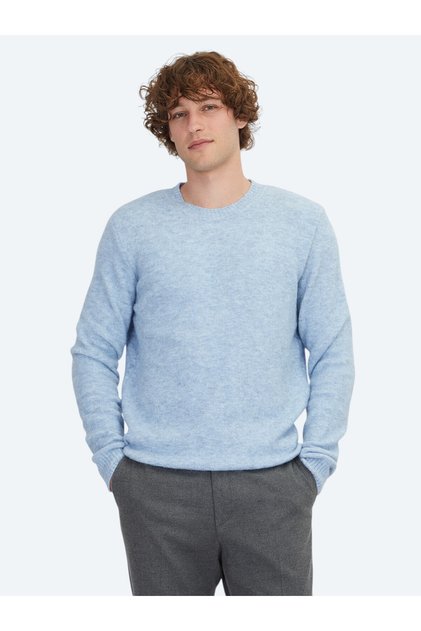 Blue Crew Neck Jacquard Wool Blend Knit Sweater