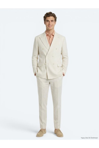 Beige Striped Modern Fit Cotton Blend Suit
