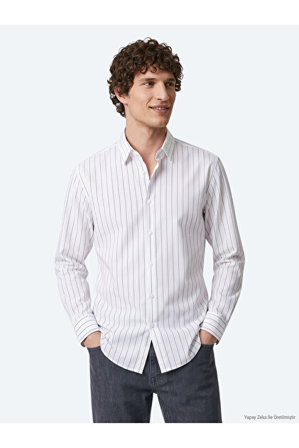 Navy Blue Striped Regular Fit Long Woven Classic Shirt