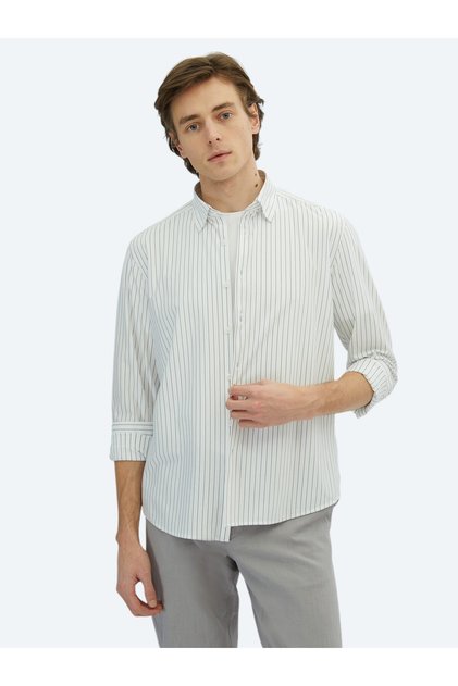 Siyah Çizgili Regular Fit Uzun Casual Pamuk Karışımlı Gömlek