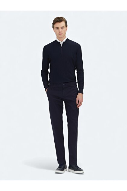 Navy Blue Plain Woven Regular Fit Casual Cotton Blended Trousers