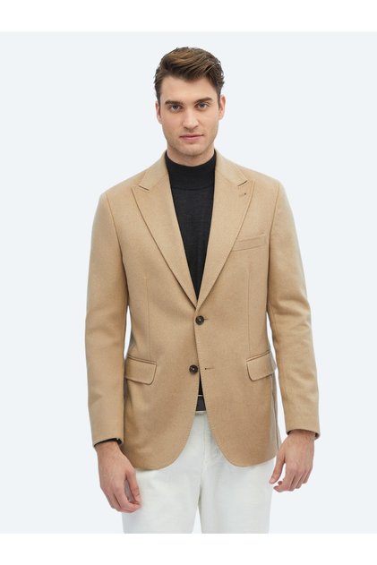 Bej Düz Modern Fit Yün Karışımlı Ceket