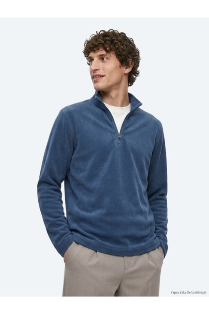 İndigo Dik Yaka Düz Polar Sweatshirt