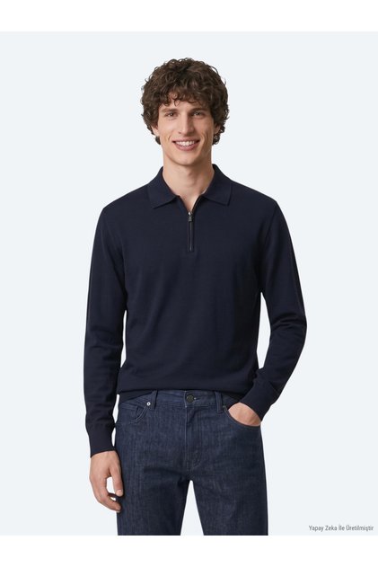 Navy Blue Plain Knitted Wool Blended Sweater