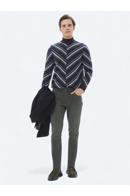 Khaki Slim Fit Denim Cotton Blend Trousers