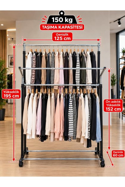 Modern Çift Fonksiyonlu Tekerlekli Çelik Elbise Askılığı Yükseklik 195 cm -152 cm En 125 cm