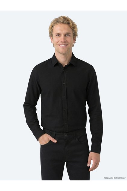 Siyah Fitilli Regular Fit Uzun Dokuma Kadife Casual %100 Pamuk Gömlek