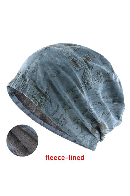 A158 blue Winter Warm Fleece-lined Beanie Hat For Women Men Vintage Letter Print Distressed Cracked