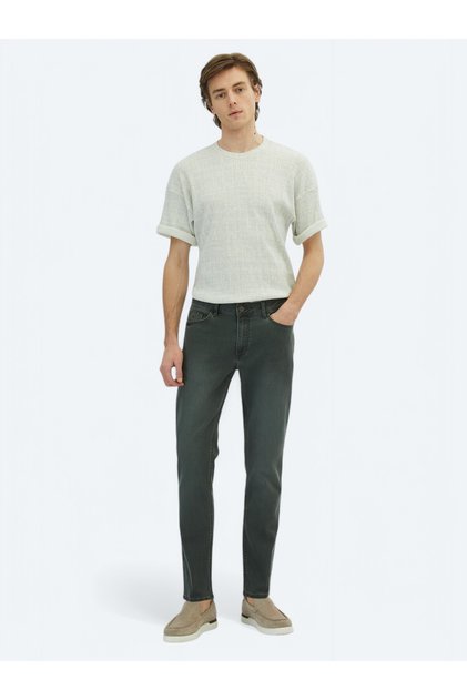 Dark Green Slim Fit Denim Cotton Blended Trousers
