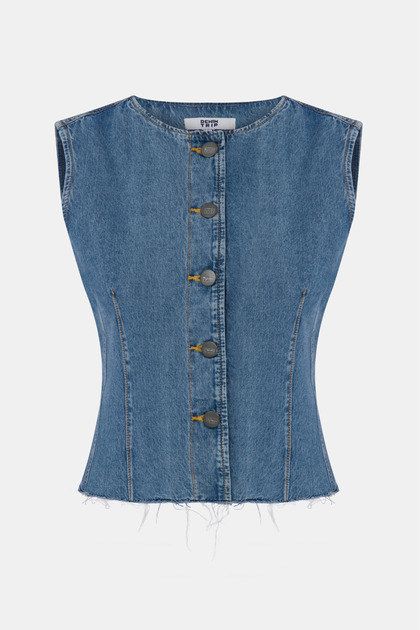 Fitted Slim Fit Orta İndigo Kadın Jean Yelek