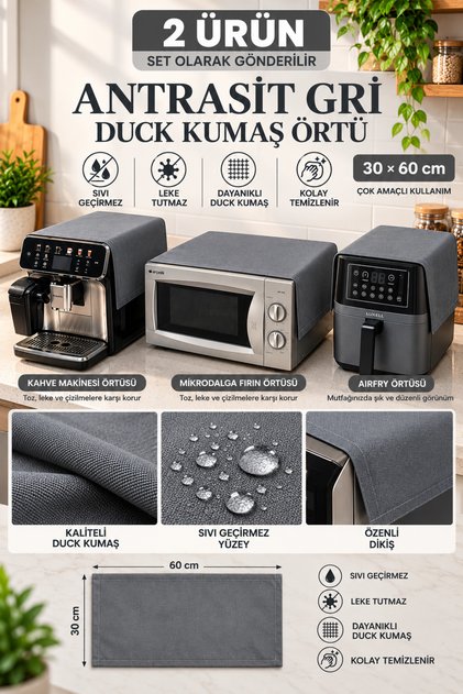 Antrasit Gri 2 Li Duck Keten Çok Amaçlı Sıvı ve Leke Tutmaz Mikrodalga Fırın Airfry Kahve Makina Ört