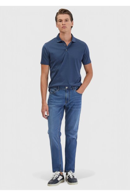Blue Straight Slim Fit Denim Cotton Blended Trousers