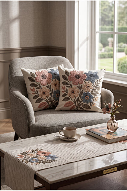 Floral Patterned Runner and Set of 2 Throw Pillow Covers – Raschel Fabric Digital Print Decorative Table Runner