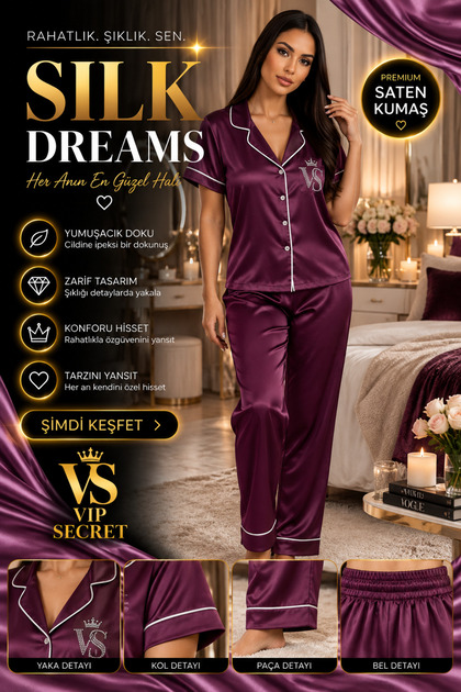 Silky Satin Short Sleeved Women's Pajama Set with Stone Accents