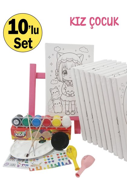 Girl Painter Set 10 Pieces - 20x30cm Canvas, 2 Pieces.Brush, Palette, Paint & Easel