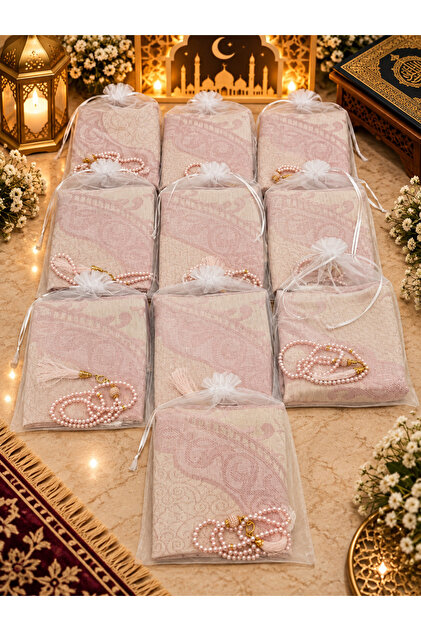 10 Pieces Pink Gift Set (with Gift Box-Mevlüd-Hac&Umre) Prayery Mat and Tasbih Set