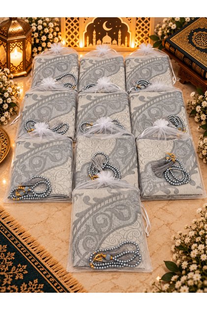 10 Pieces Gray Gift Set (with Gift Box-Mevlüd-Hac&Umre) Prayery Mat and Tesbi̇h Set