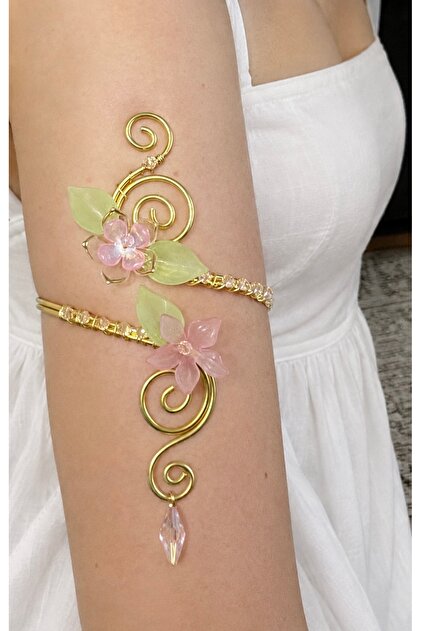 Pembe Çiçekli Fairycore Vintage Coquette Flora Serisi Ayarlanabilir Pazu Bilekliği Armcuff Arm cuff