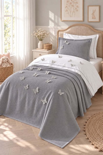 5 Piece 3D Butterfly Patterned Children's Room Cotton Single Gray Duvet Cover Set with Elastic Sheets