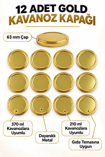 12 Pieces Gold Jar Lid – 63 mm (Compatible with 370 ml and 210 ml Jars)