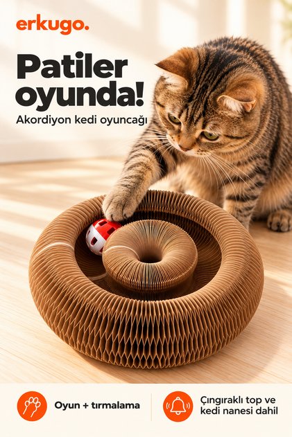 Akordiyon Kedi Tırmalama Oyuncağı, Çıngıraklı Zilli Top Ve Kedi Nanesi Hediyeli Tırmalama Panosu