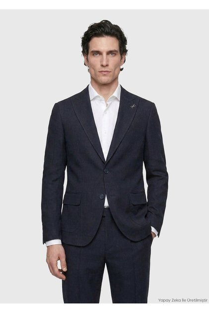 Navy Blue Plain Zeroweight Slim Fit Linen Blend Suit
