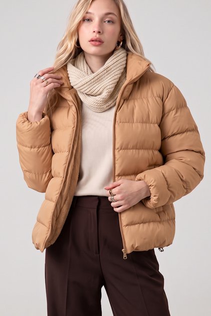 Kadın İçi Kürklü Su Geçirmez Dik Yakalı Şişme Mont - Camel 3