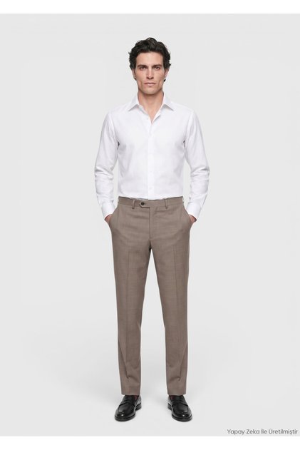 Light Brown Plain Woven Regular Fit Classic 100% Wool Trousers