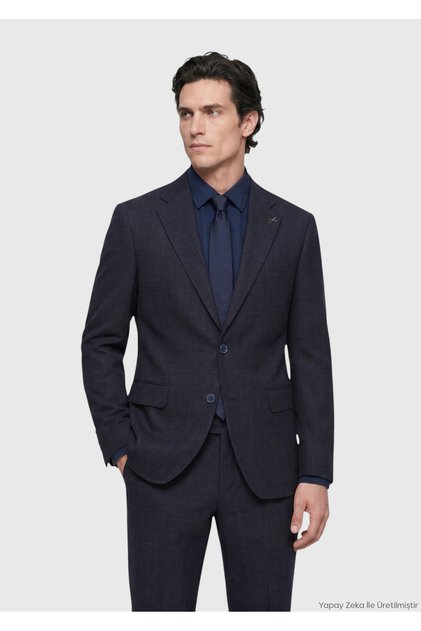 Navy Blue Patterned Zeroweight Slim Fit Wool Blend Suit