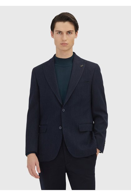 Açık Lacivert Desenli Zeroweight Slim Fit Yün Karışımlı Ceket
