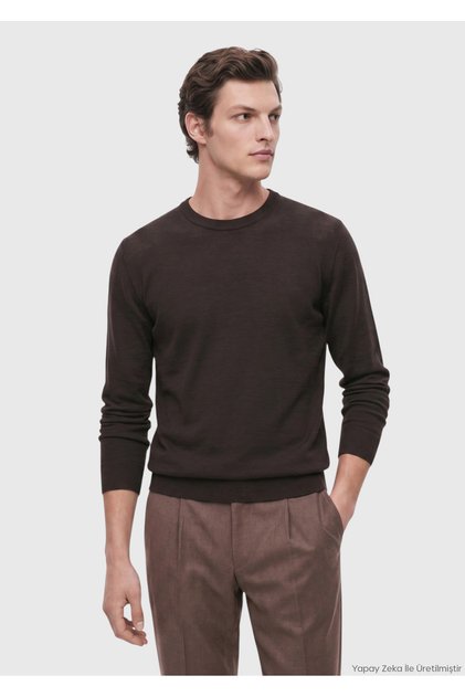 Brown Crew Neck Plain Knit Wool Blend Sweater