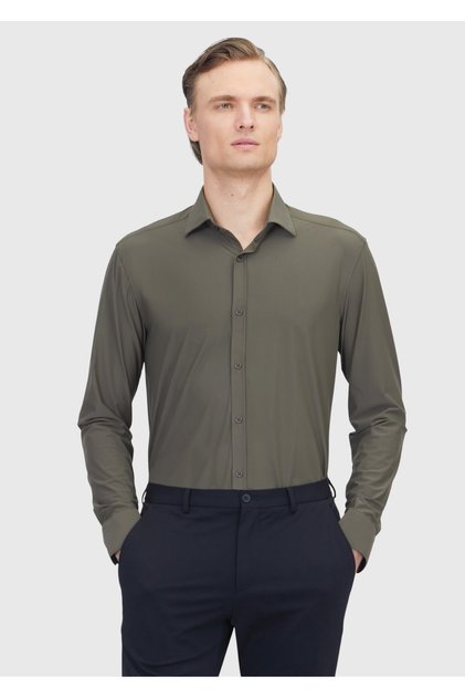 Khaki Plain Regular Fit Woven Classic Shirt