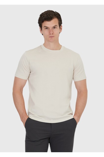 Beige Plain Crew Neck 100% Cotton T-Shirt