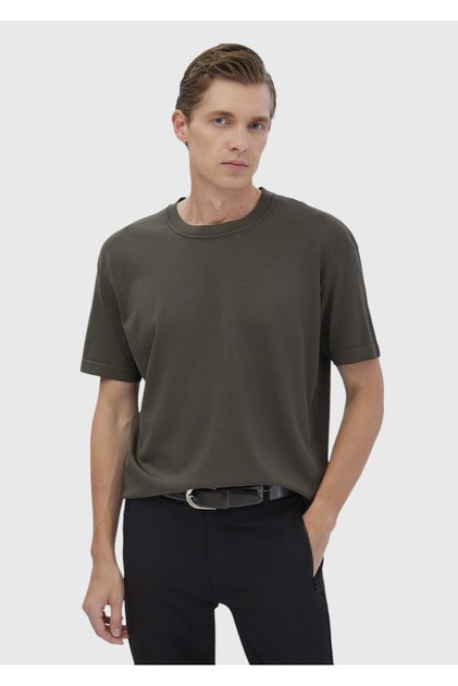 Khaki Crew Neck Plain Knitted Knitwear