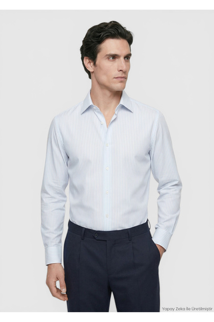 Light Blue Striped Long Woven Classic 100% Cotton Shirt