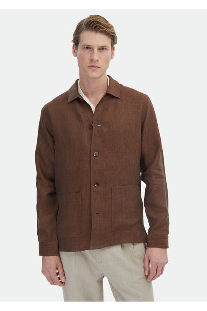 Kiremit Düz Regular Fit Uzun Dokuma %100 Keten Overshirt
