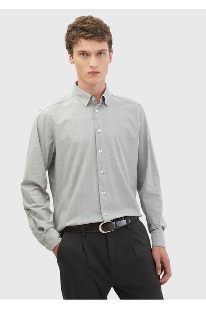 Açık Gri Baskılı Casual Fit Uzun Casual Gömlek